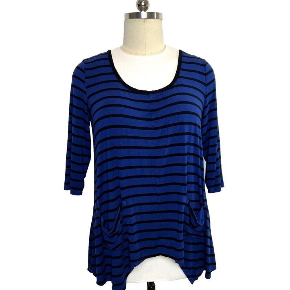 Grace Elements - Women's 2X Blouse Royal Blue Black Stripe 2 Pocket 3/4 Sleeve